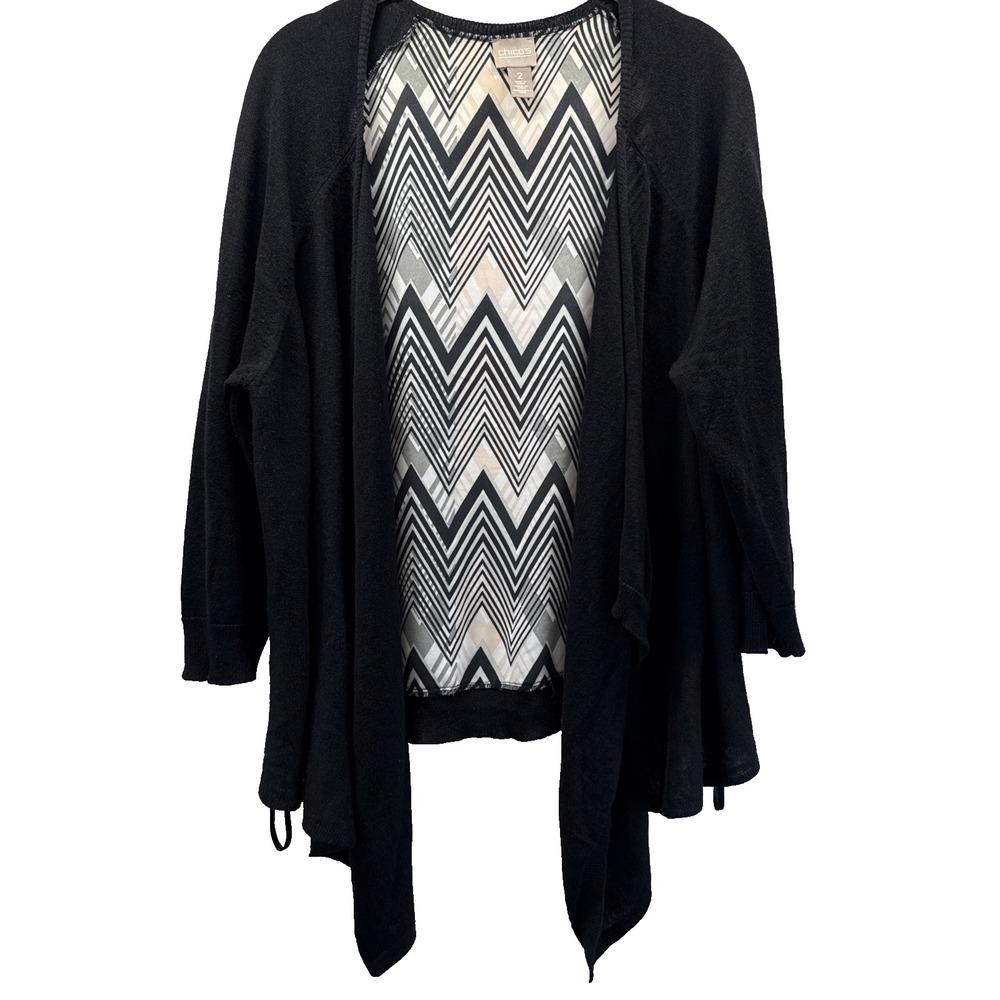 Chicos Women's Cardigan Jacket Sz Large Black White Pink 3/4 Sleeve Asymmetrical